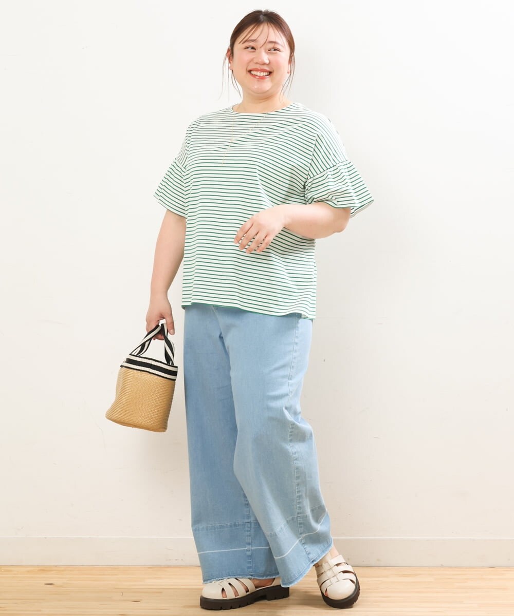 OLKGS41050 eur3(エウルキューブ) 【大きいサイズ/a.v.v×eur3】ギャザースリーブボーダーカットソー グリーン(35)