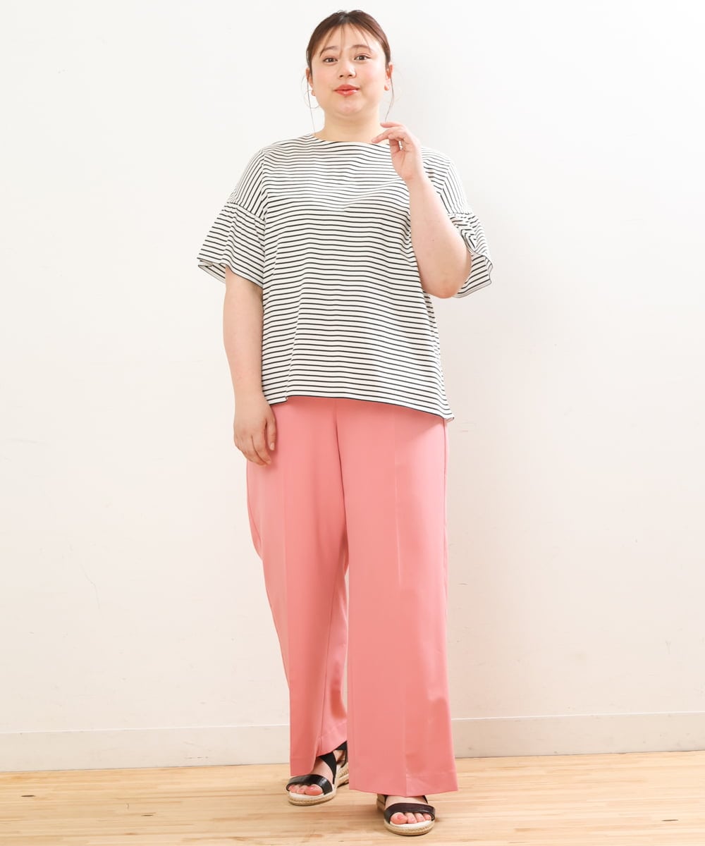 OLKGS41050 eur3(エウルキューブ) 【大きいサイズ/a.v.v×eur3】ギャザースリーブボーダーカットソー アイボリー(80)