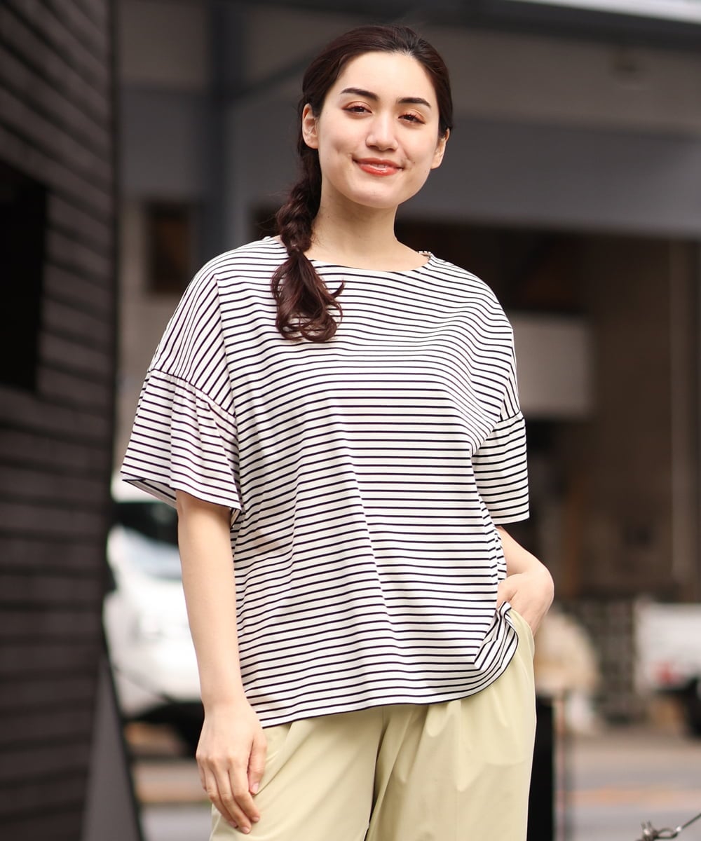 OLKGS41050 eur3(エウルキューブ) 【大きいサイズ/a.v.v×eur3】ギャザースリーブボーダーカットソー アイボリー(80)