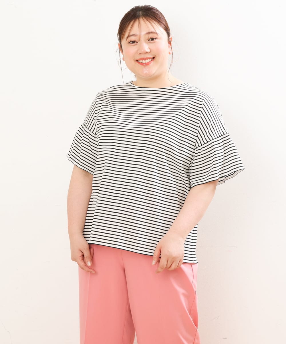 OLKGS41050 eur3(エウルキューブ) 【大きいサイズ/a.v.v×eur3】ギャザースリーブボーダーカットソー アイボリー(80)