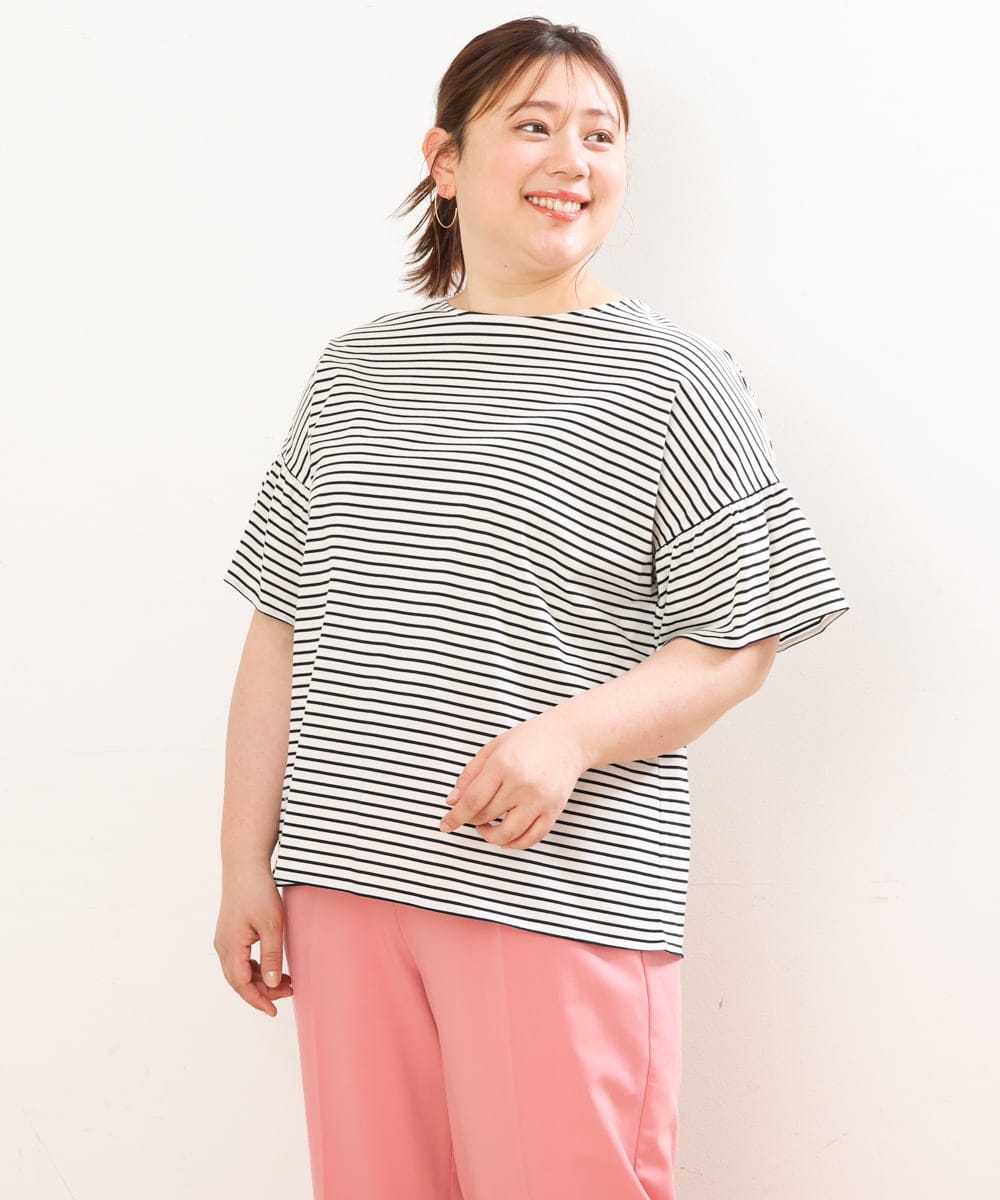 OLKGS41050 eur3(エウルキューブ) 【大きいサイズ/a.v.v×eur3】ギャザースリーブボーダーカットソー アイボリー(80)