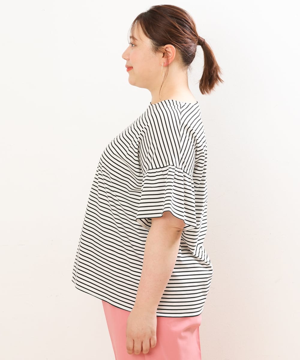 OLKGS41050 eur3(エウルキューブ) 【大きいサイズ/a.v.v×eur3】ギャザースリーブボーダーカットソー アイボリー(80)