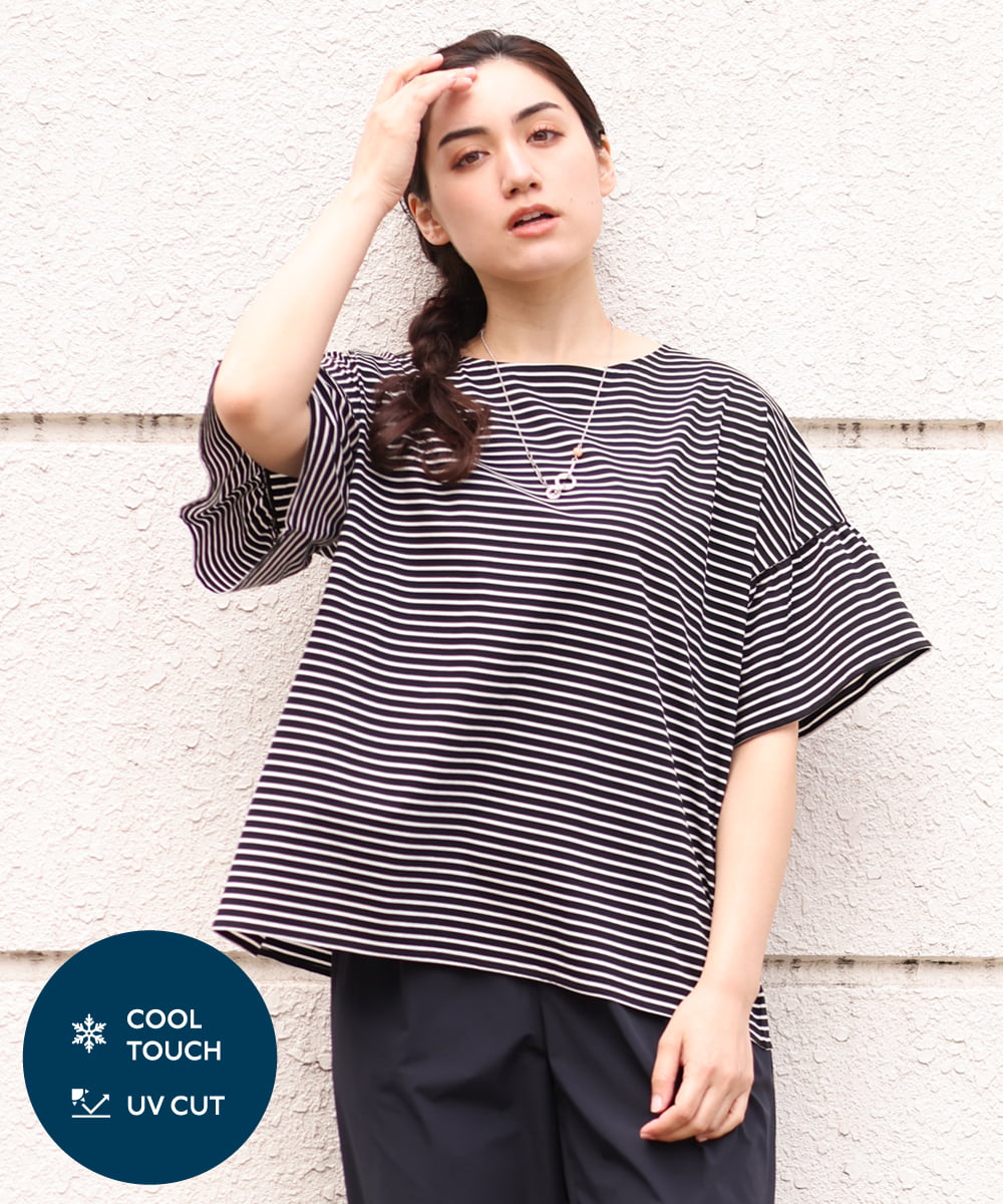 OLKGS41050 eur3(エウルキューブ) 【大きいサイズ/a.v.v×eur3】ギャザースリーブボーダーカットソー ブラック(94)