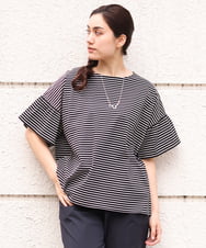 OLKGS41050 eur3(エウルキューブ) 【大きいサイズ/a.v.v×eur3】ギャザースリーブボーダーカットソー ブラック(94)