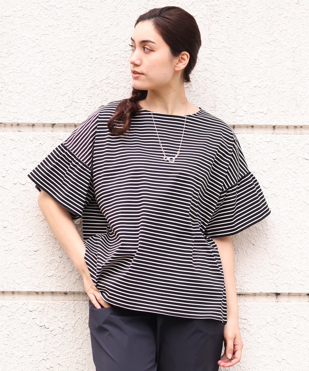 OLKGS41050 eur3(エウルキューブ) 【大きいサイズ/a.v.v×eur3】ギャザースリーブボーダーカットソー ブラック(94)
