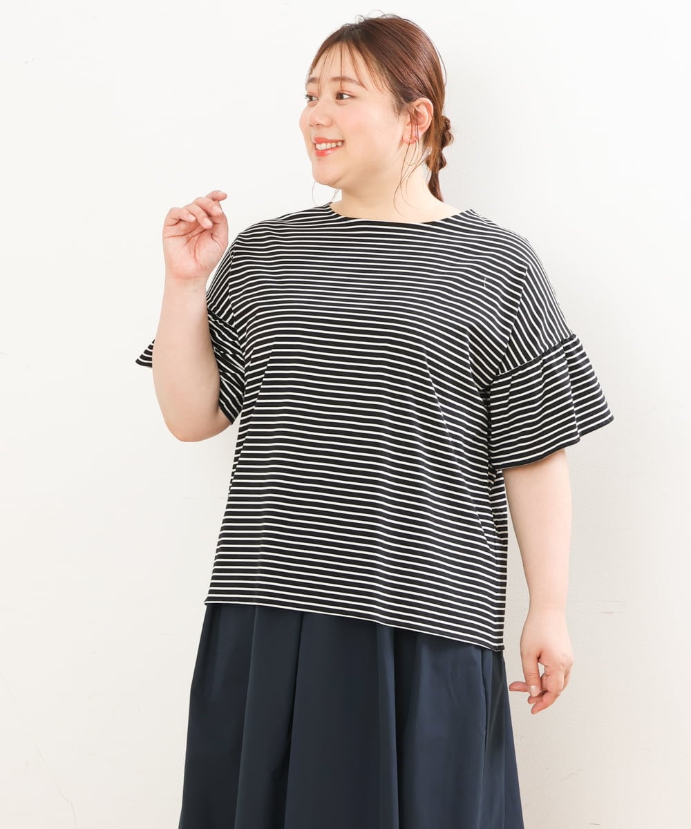 OLKGS41050 eur3(エウルキューブ) 【大きいサイズ/a.v.v×eur3】ギャザースリーブボーダーカットソー ブラック(94)