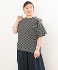 OLKGS41050 eur3(エウルキューブ) 【大きいサイズ/a.v.v×eur3】ギャザースリーブボーダーカットソー ブラック(94)