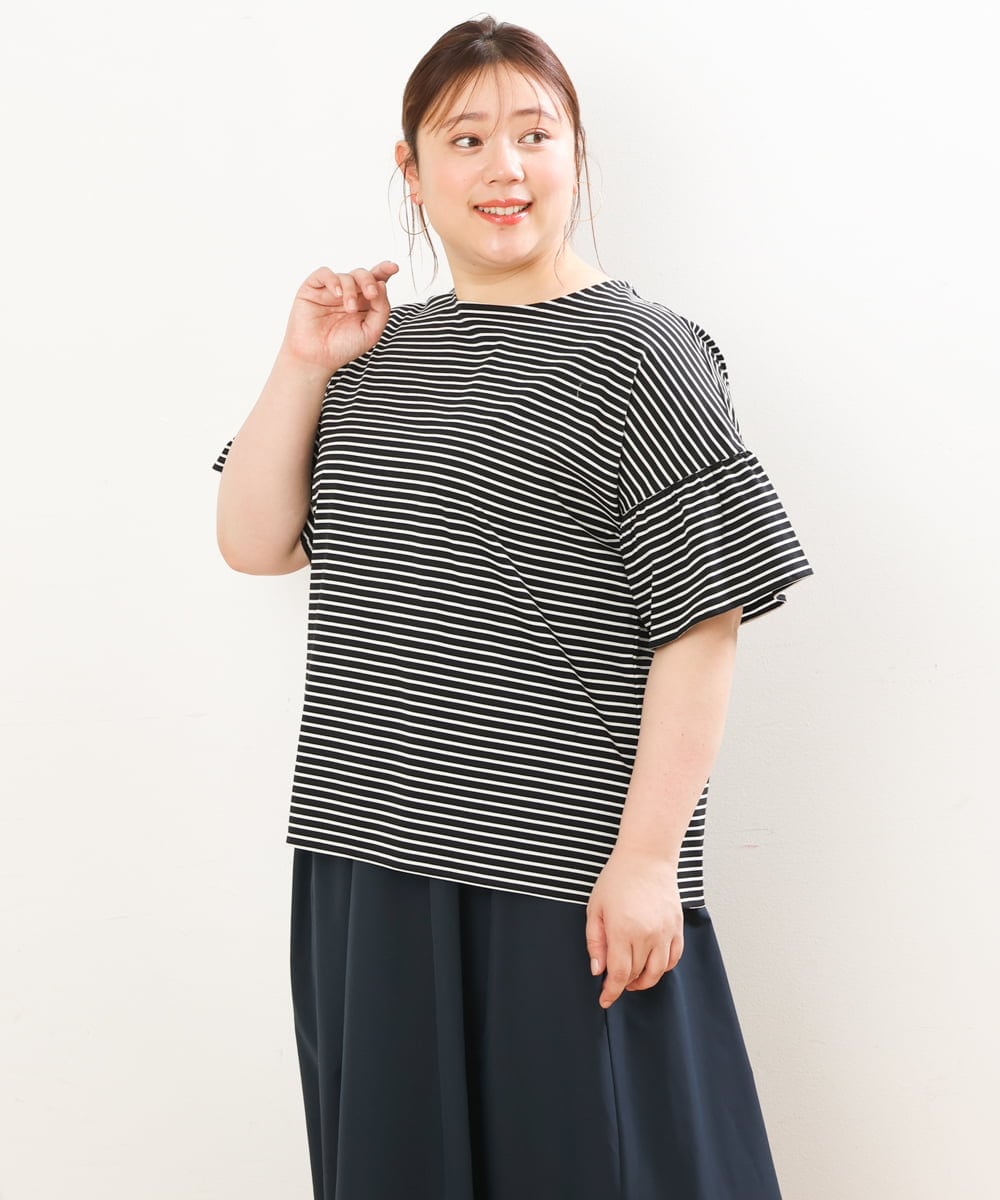 OLKGS41050 eur3(エウルキューブ) 【大きいサイズ/a.v.v×eur3】ギャザースリーブボーダーカットソー ブラック(94)