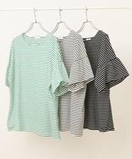 OLKGS41050 eur3(エウルキューブ) 【大きいサイズ/a.v.v×eur3】ギャザースリーブボーダーカットソー ブラック(94)