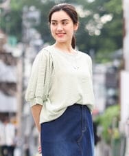 OLKGS58060 eur3(エウルキューブ) 【大きいサイズ】袖ギャザーギンガムチェックカットソー ライトグリーン(30)