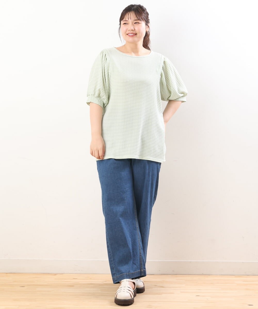 OLKGS58060 eur3(エウルキューブ) 【大きいサイズ】袖ギャザーギンガムチェックカットソー ライトグリーン(30)