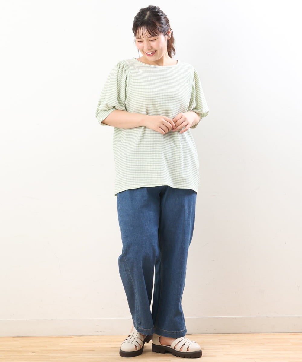 OLKGS58060 eur3(エウルキューブ) 【大きいサイズ】袖ギャザーギンガムチェックカットソー ライトグリーン(30)