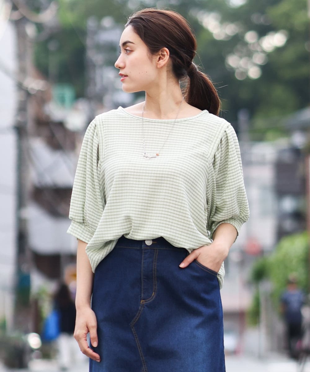 OLKGS58060 eur3(エウルキューブ) 【大きいサイズ】袖ギャザーギンガムチェックカットソー ライトグリーン(30)