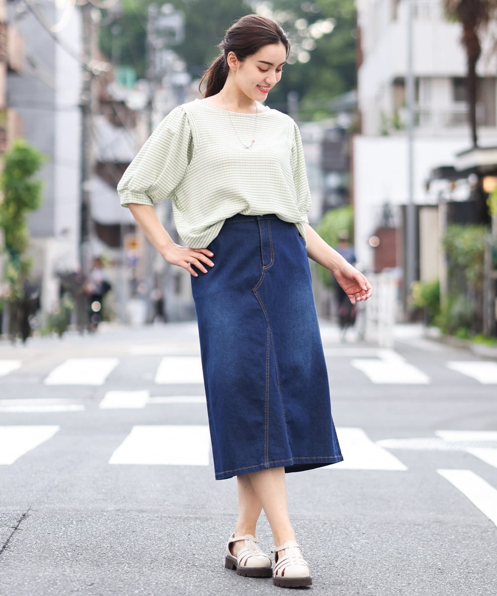OLKGS58060 eur3(エウルキューブ) 【大きいサイズ】袖ギャザーギンガムチェックカットソー ライトグリーン(30)