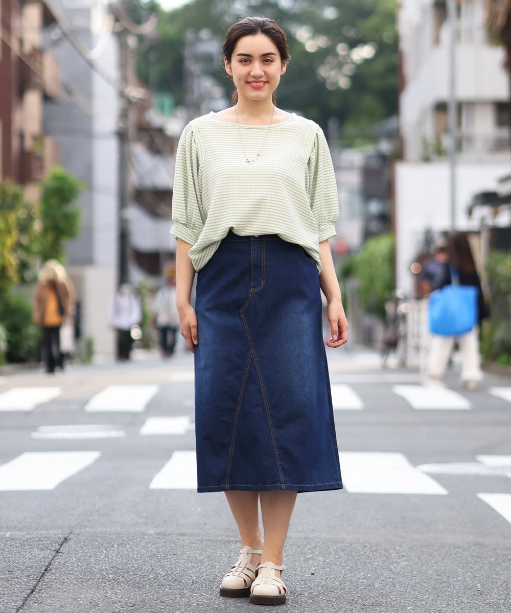 OLKGS58060 eur3(エウルキューブ) 【大きいサイズ】袖ギャザーギンガムチェックカットソー ライトグリーン(30)