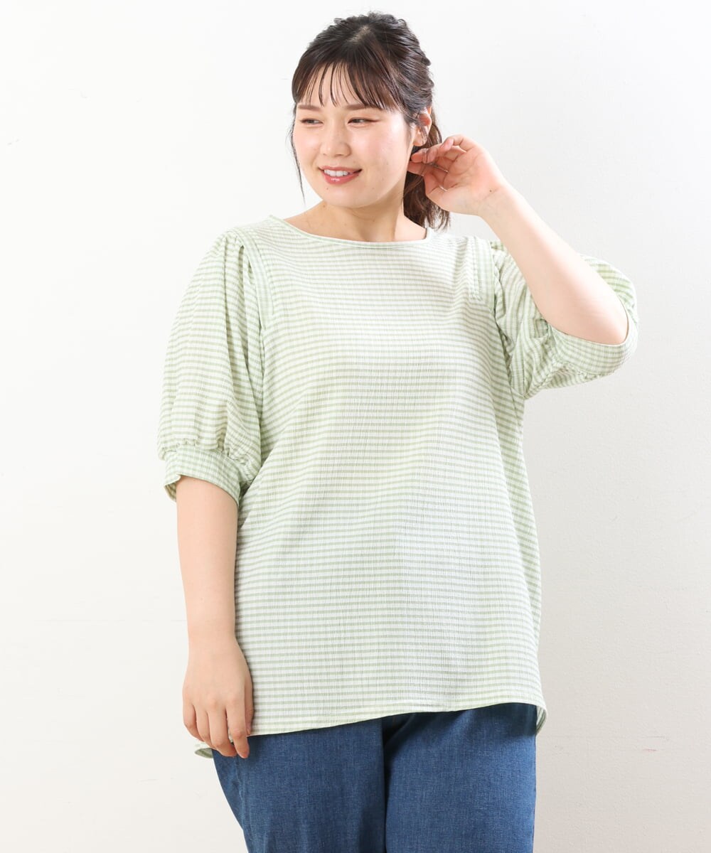 OLKGS58060 eur3(エウルキューブ) 【大きいサイズ】袖ギャザーギンガムチェックカットソー ライトグリーン(30)