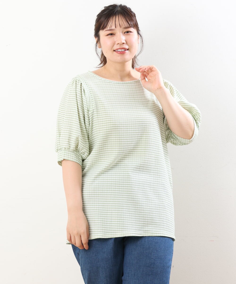 OLKGS58060 eur3(エウルキューブ) 【大きいサイズ】袖ギャザーギンガムチェックカットソー ライトグリーン(30)
