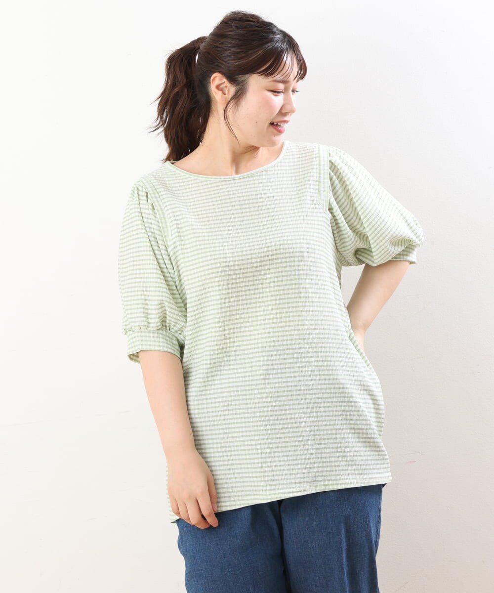 OLKGS58060 eur3(エウルキューブ) 【大きいサイズ】袖ギャザーギンガムチェックカットソー ライトグリーン(30)
