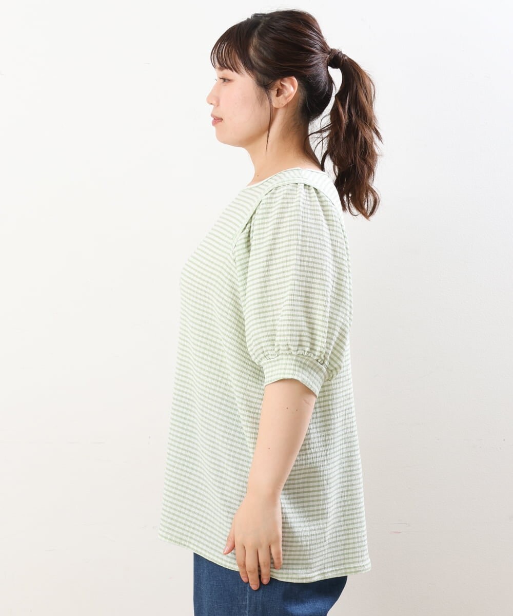 OLKGS58060 eur3(エウルキューブ) 【大きいサイズ】袖ギャザーギンガムチェックカットソー ライトグリーン(30)
