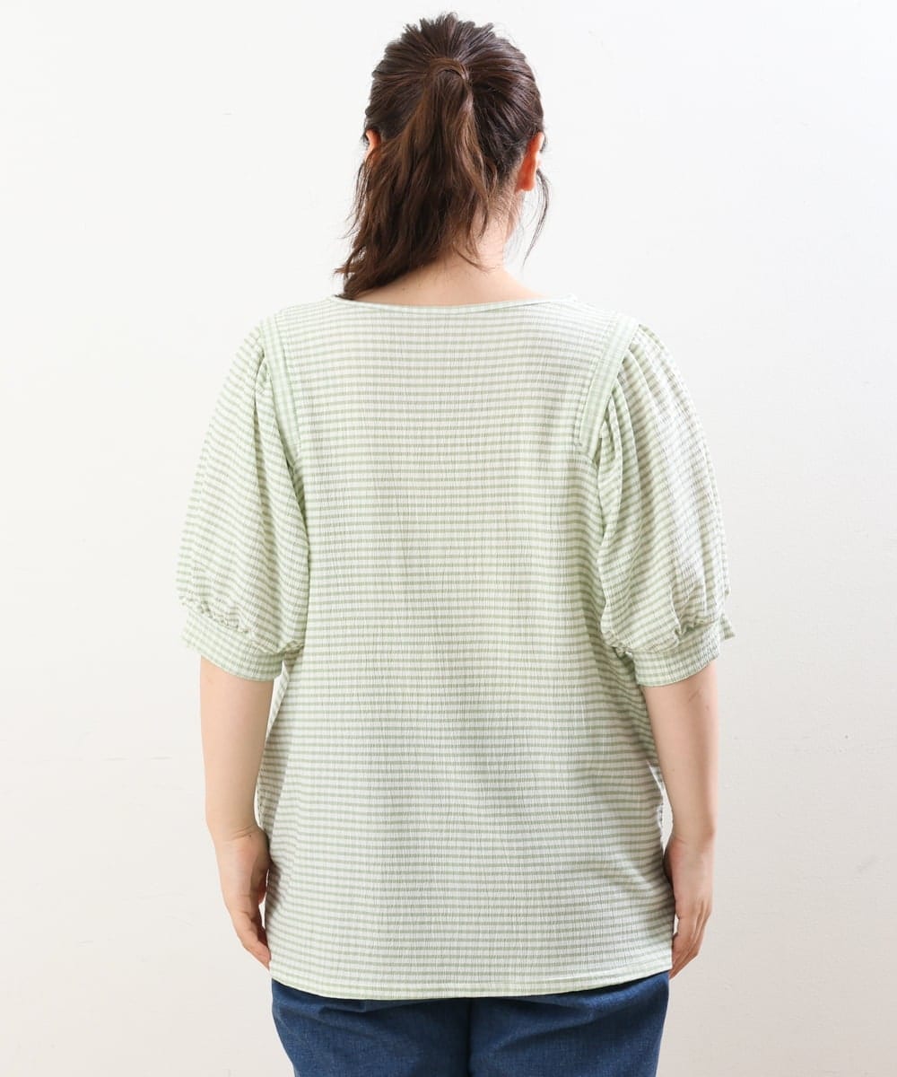 OLKGS58060 eur3(エウルキューブ) 【大きいサイズ】袖ギャザーギンガムチェックカットソー ライトグリーン(30)