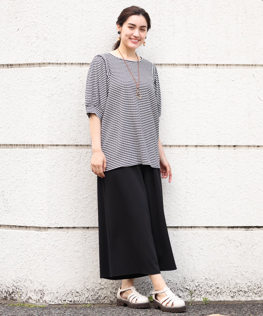 OLKGS58060 eur3(エウルキューブ) 【大きいサイズ】袖ギャザーギンガムチェックカットソー ブラック(94)