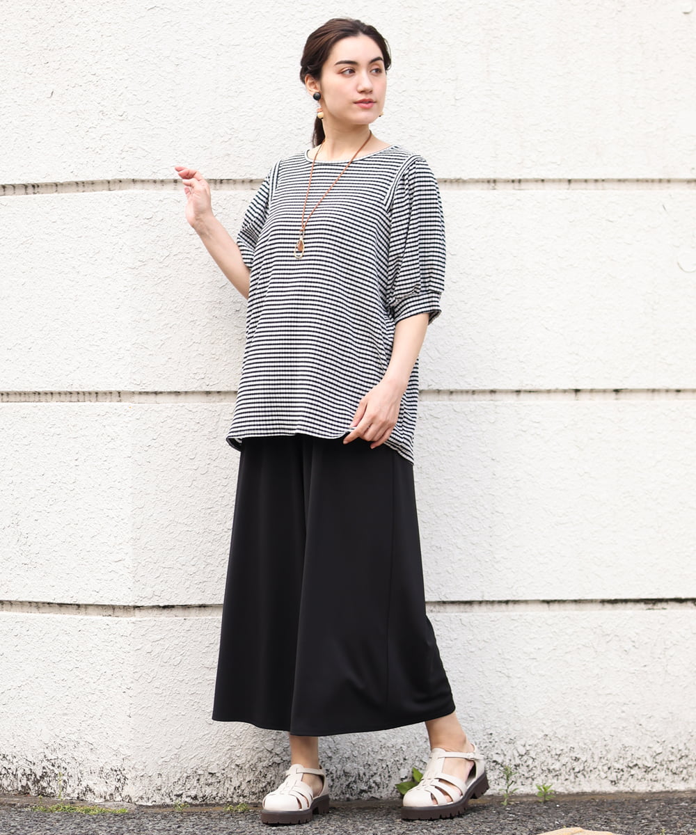 OLKGS58060 eur3(エウルキューブ) 【大きいサイズ】袖ギャザーギンガムチェックカットソー ブラック(94)