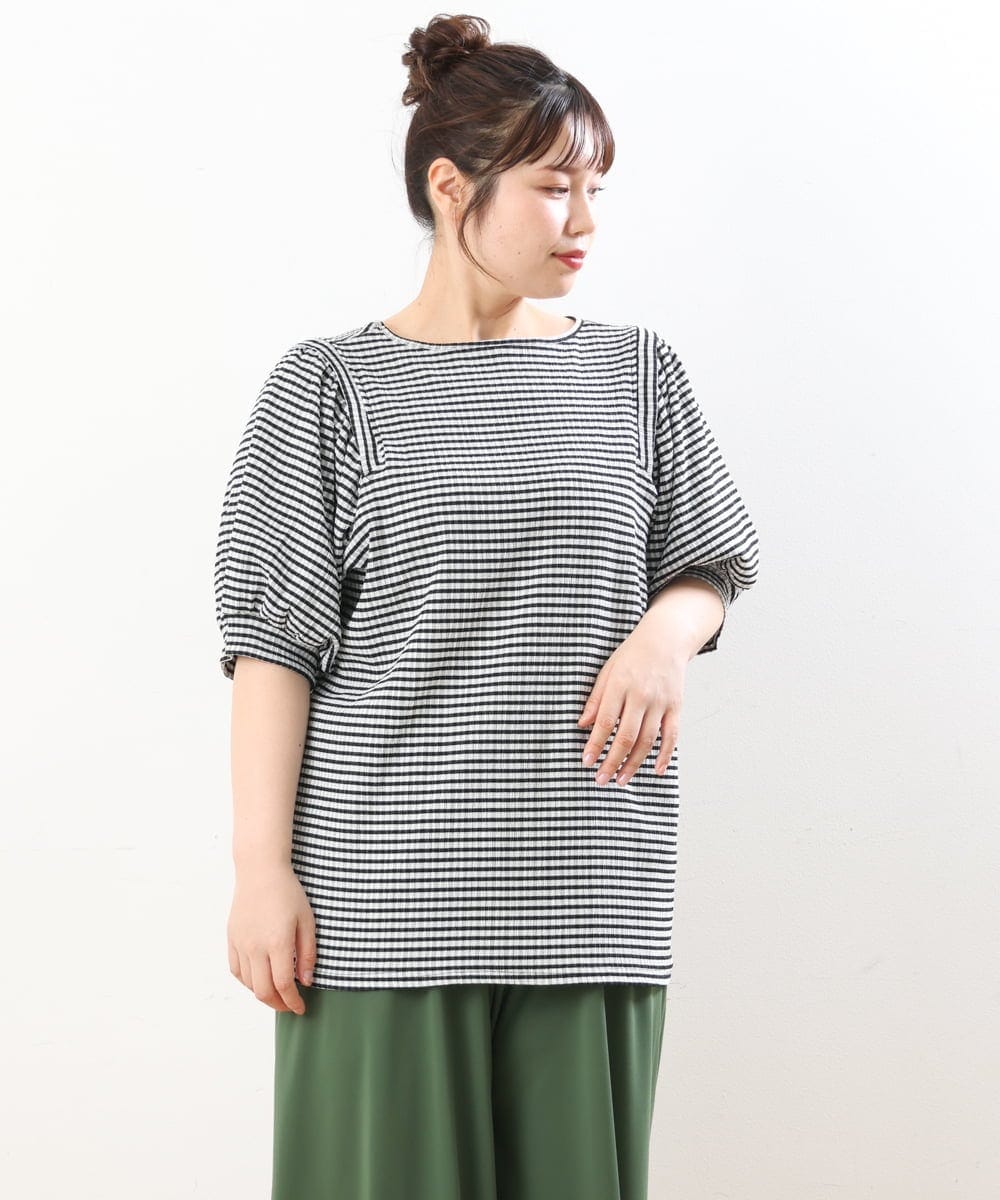OLKGS58060 eur3(エウルキューブ) 【大きいサイズ】袖ギャザーギンガムチェックカットソー ブラック(94)