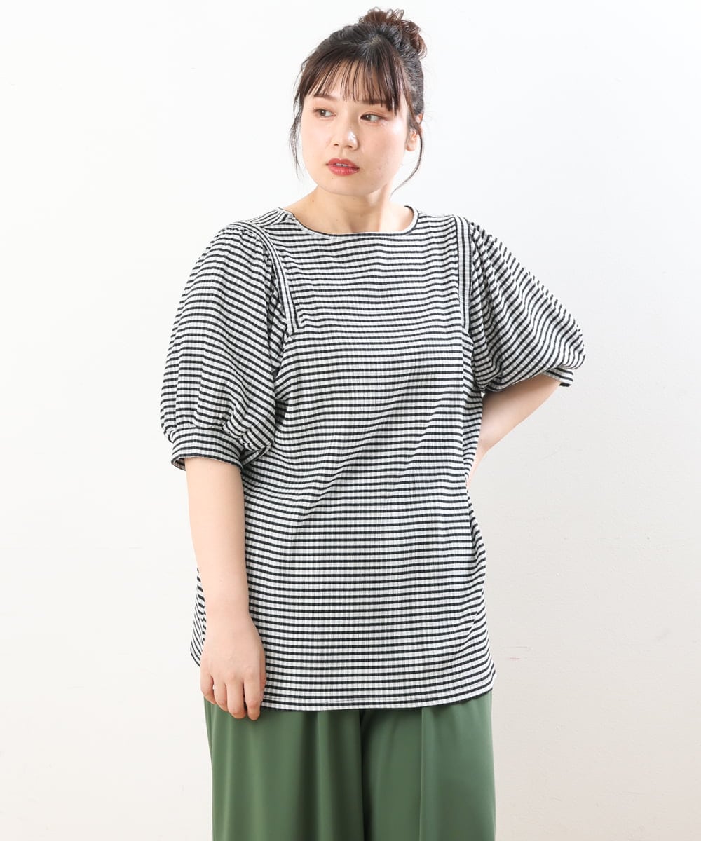 OLKGS58060 eur3(エウルキューブ) 【大きいサイズ】袖ギャザーギンガムチェックカットソー ブラック(94)