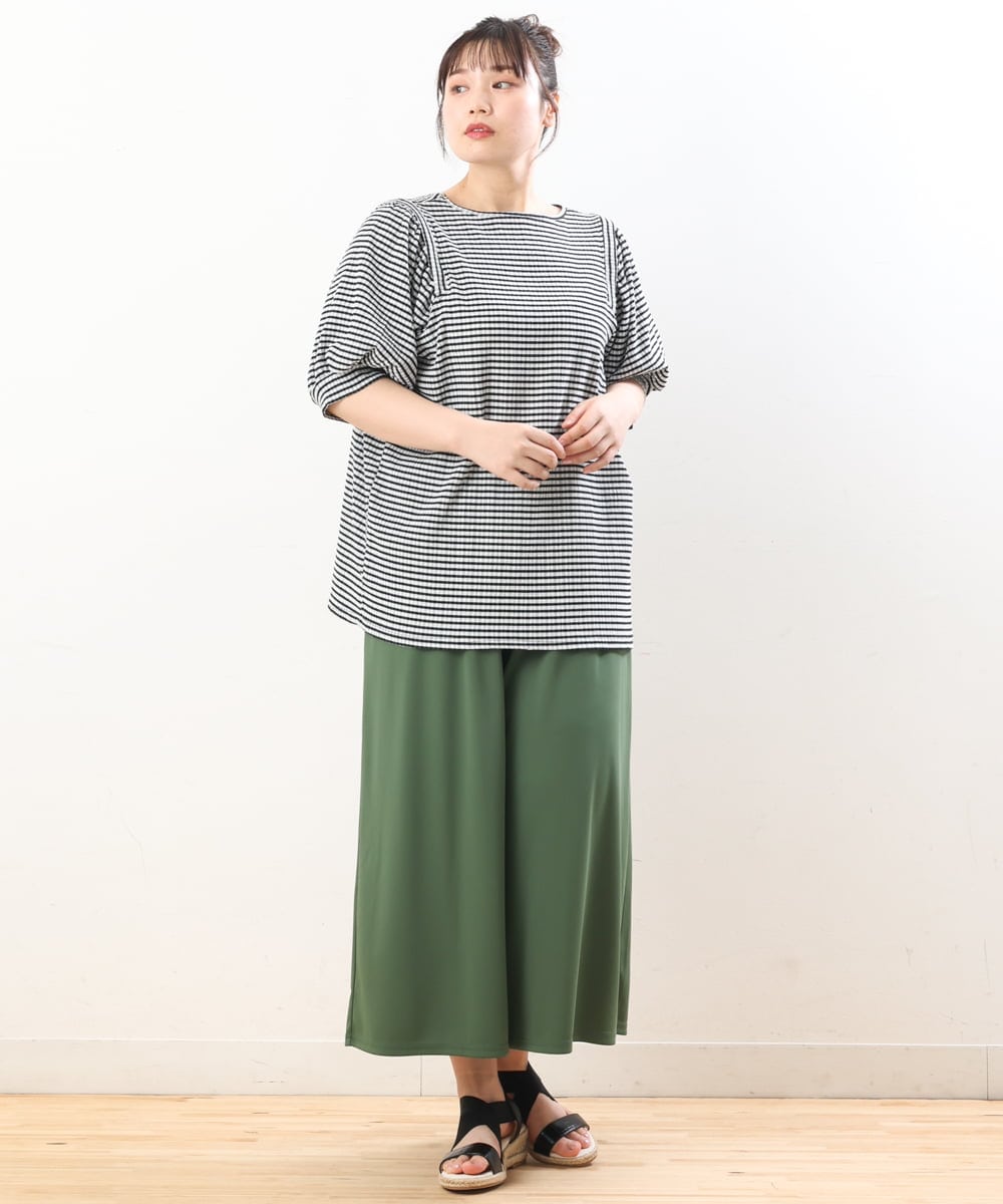 OLKGS58060 eur3(エウルキューブ) 【大きいサイズ】袖ギャザーギンガムチェックカットソー ブラック(94)