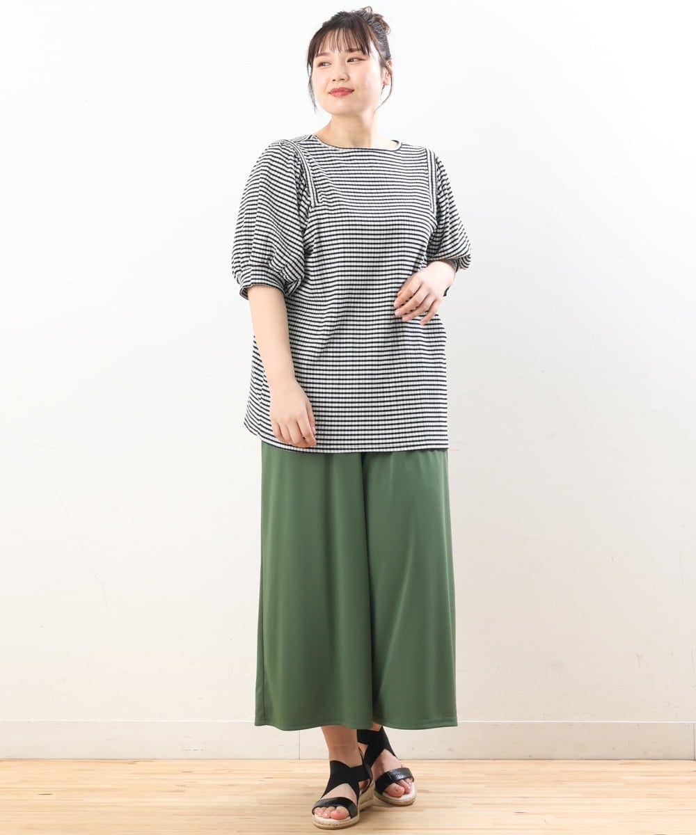 OLKGS58060 eur3(エウルキューブ) 【大きいサイズ】袖ギャザーギンガムチェックカットソー ブラック(94)