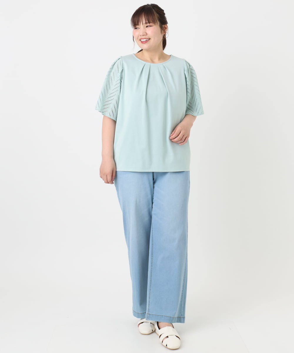 OLKHA25064 eur3(エウルキューブ) 【WEB先行販売】【大きいサイズ】リーフレーススリーブトップス ライトグリーン(30)