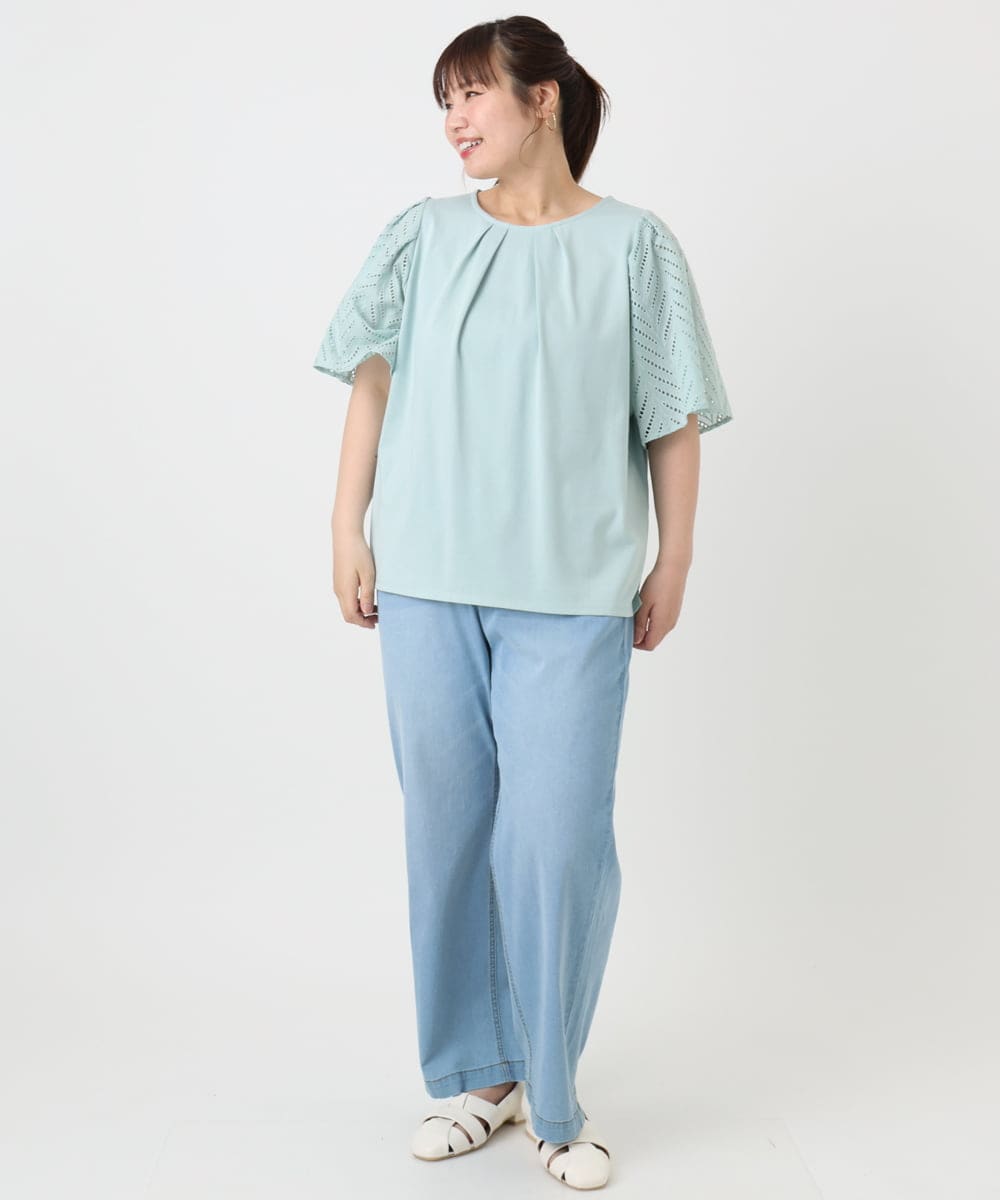 OLKHA25064 eur3(エウルキューブ) 【WEB先行販売】【大きいサイズ】リーフレーススリーブトップス ライトグリーン(30)