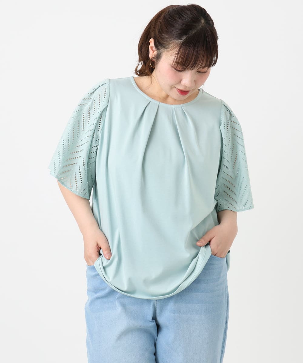 OLKHA25064 eur3(エウルキューブ) 【WEB先行販売】【大きいサイズ】リーフレーススリーブトップス ライトグリーン(30)