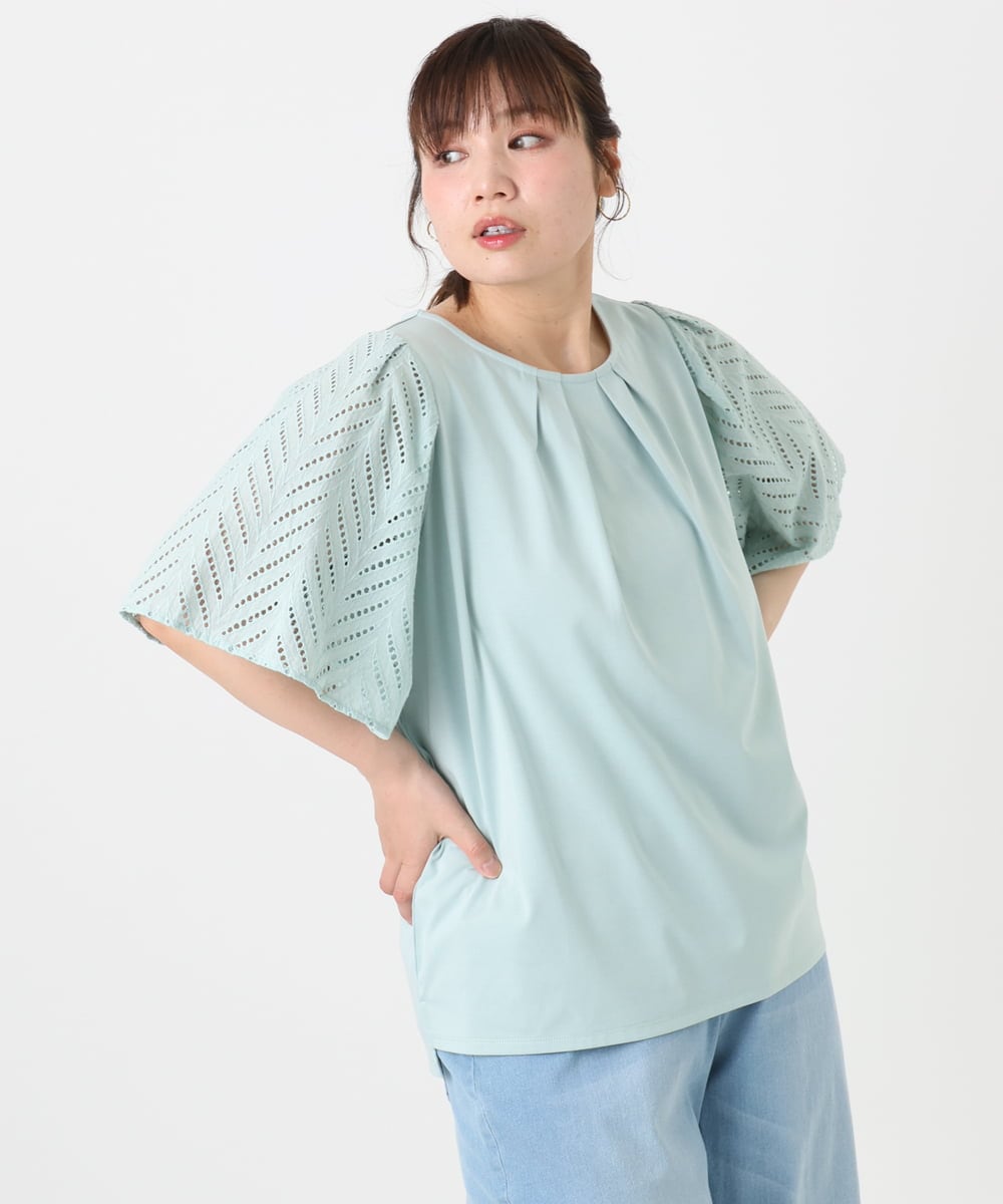 OLKHA25064 eur3(エウルキューブ) 【WEB先行販売】【大きいサイズ】リーフレーススリーブトップス ライトグリーン(30)