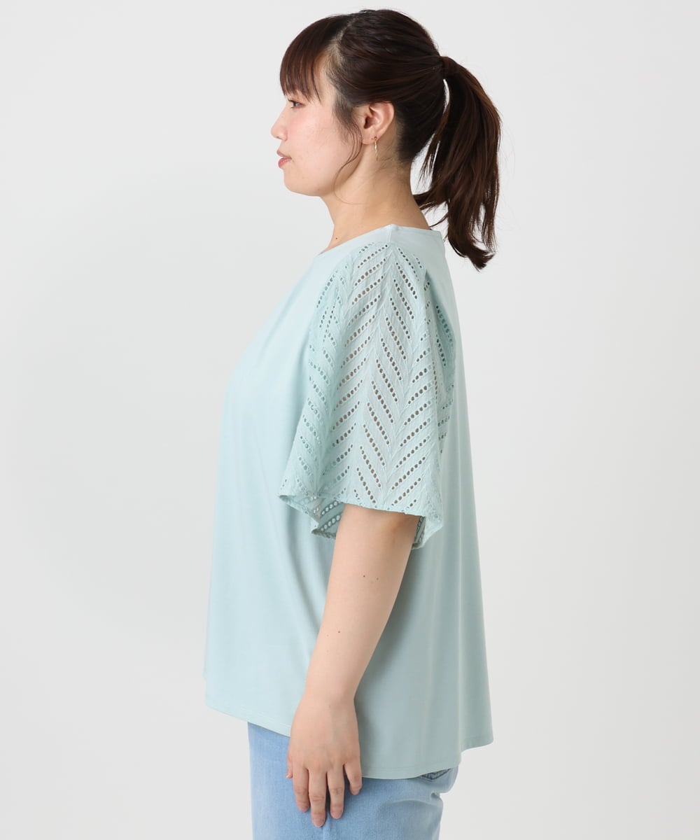 OLKHA25064 eur3(エウルキューブ) 【WEB先行販売】【大きいサイズ】リーフレーススリーブトップス ライトグリーン(30)