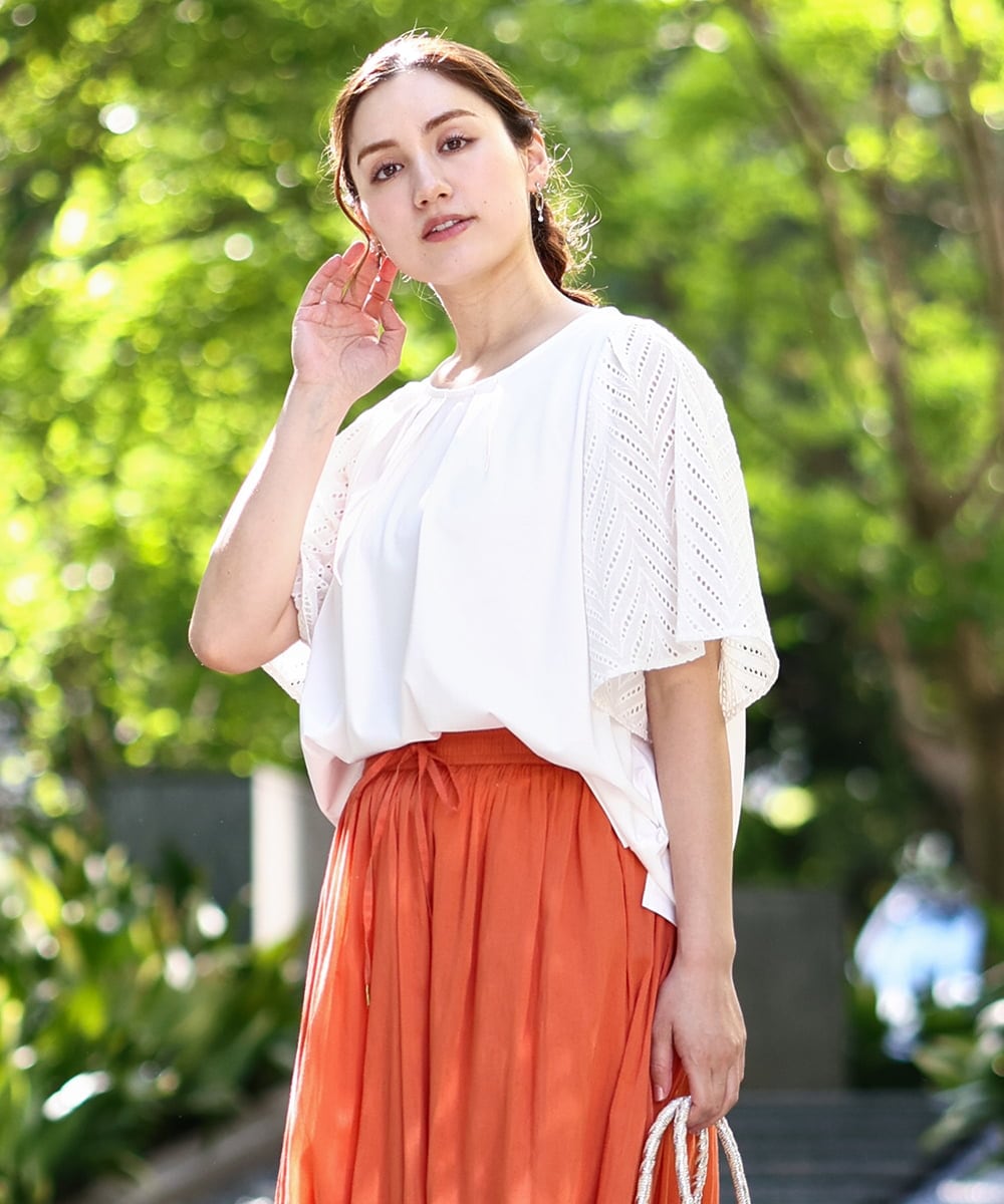 OLKHA25064 eur3(エウルキューブ) 【WEB先行販売】【大きいサイズ】リーフレーススリーブトップス アイボリー(80)