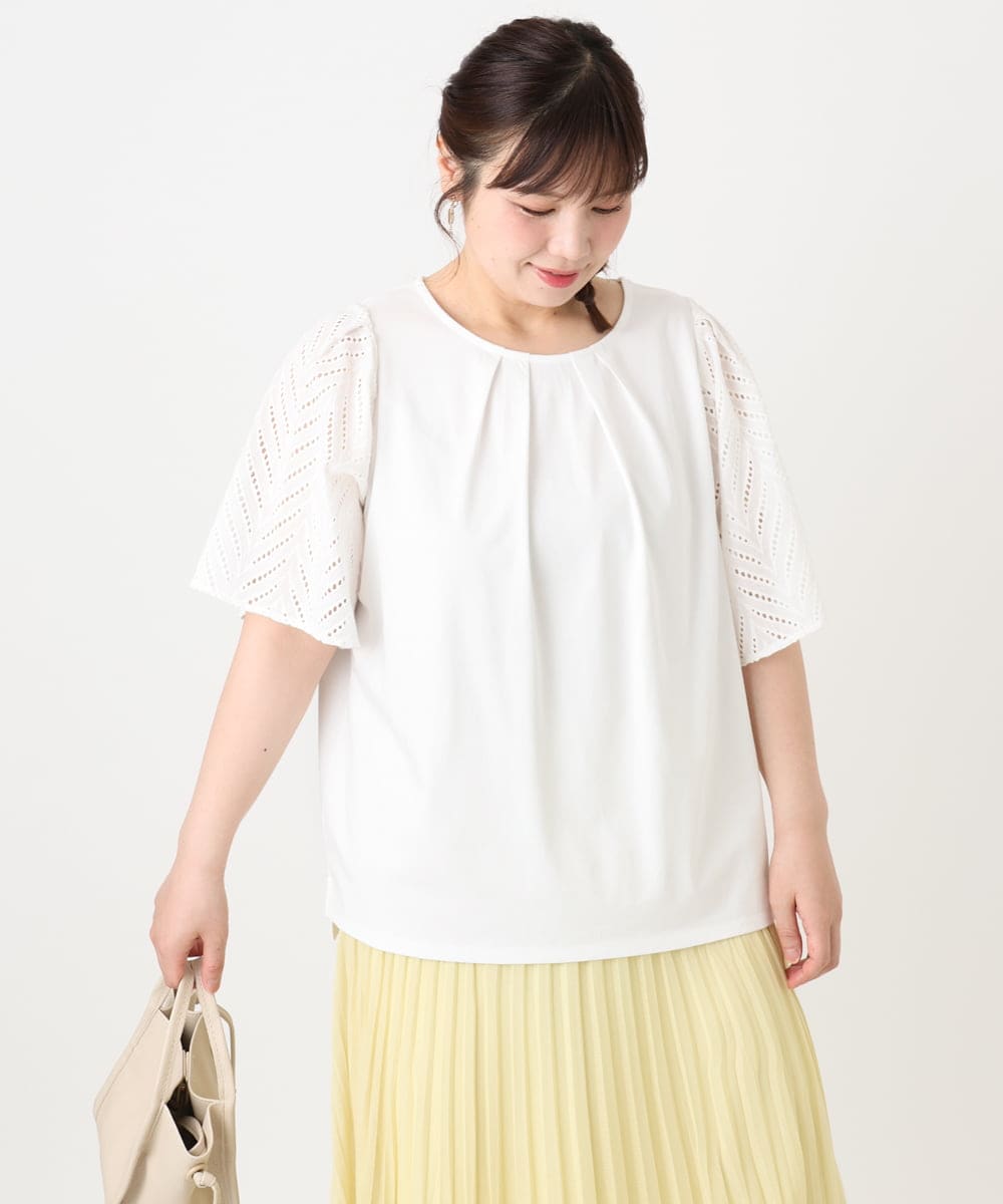 OLKHA25064 eur3(エウルキューブ) 【WEB先行販売】【大きいサイズ】リーフレーススリーブトップス アイボリー(80)