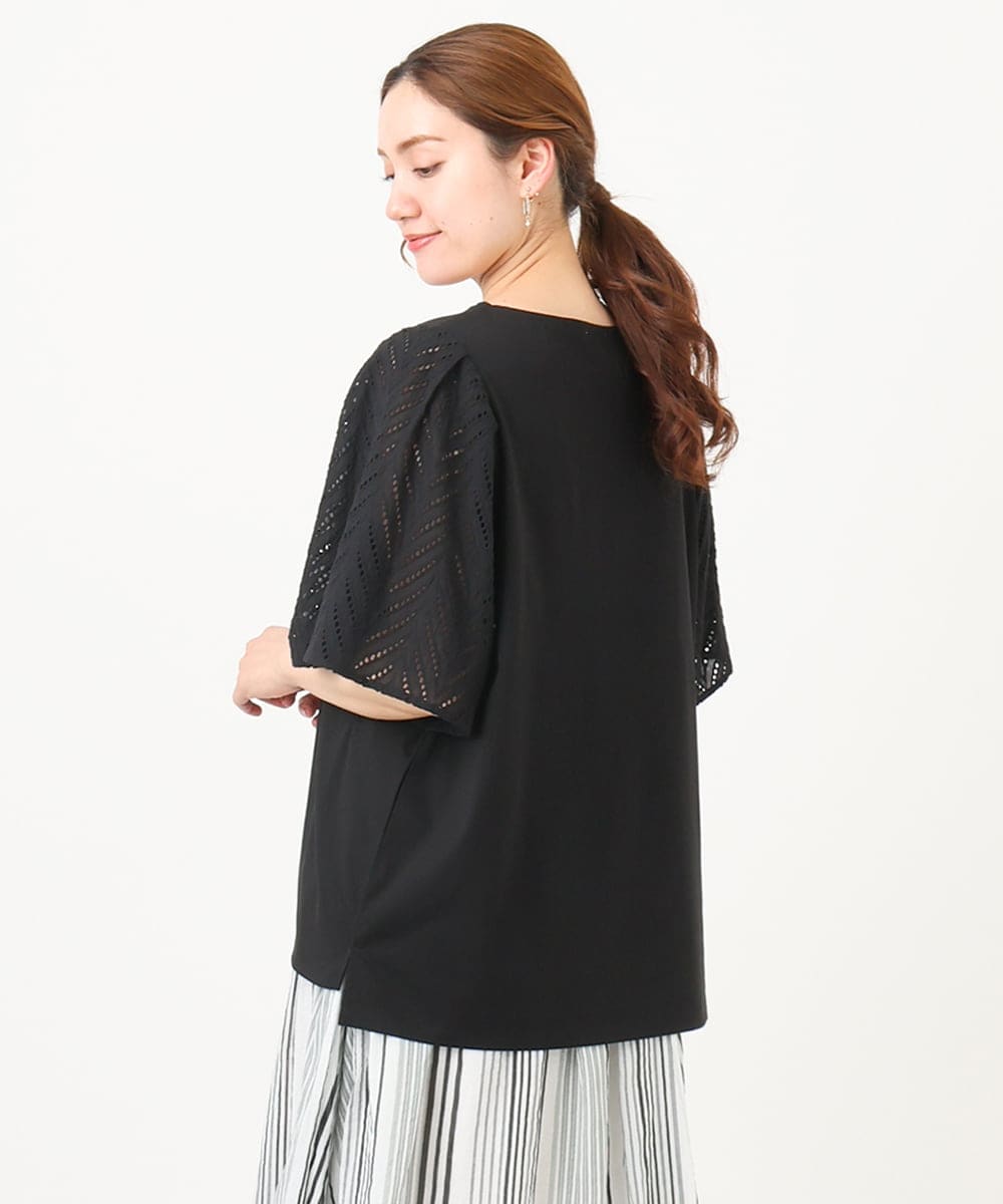 OLKHA25064 eur3(エウルキューブ) 【WEB先行販売】【大きいサイズ】リーフレーススリーブトップス ブラック(94)