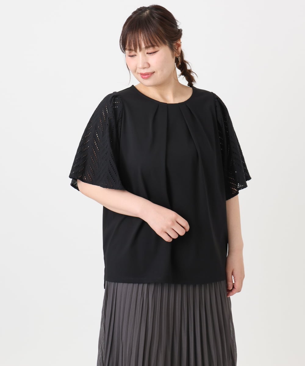 OLKHA25064 eur3(エウルキューブ) 【WEB先行販売】【大きいサイズ】リーフレーススリーブトップス ブラック(94)