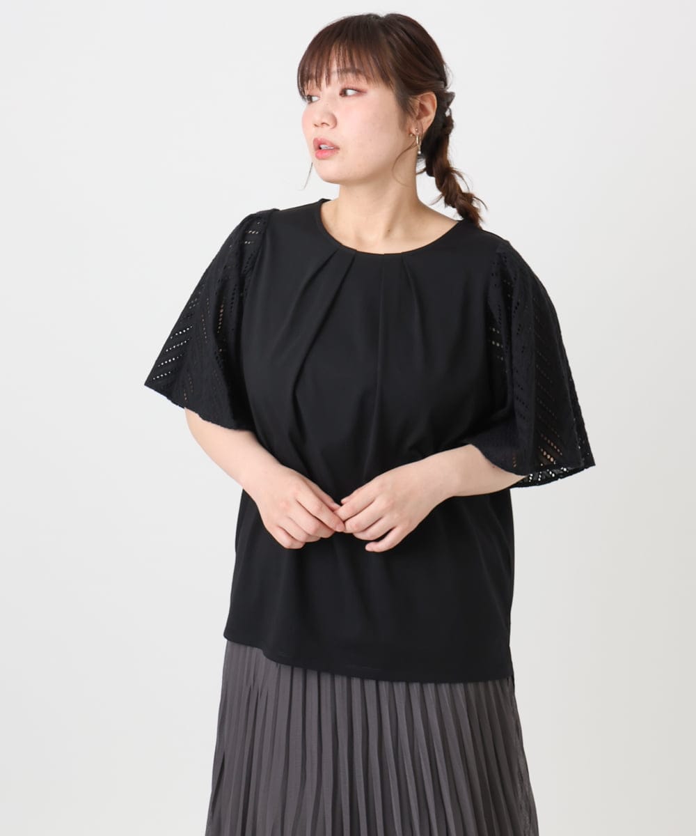 OLKHA25064 eur3(エウルキューブ) 【WEB先行販売】【大きいサイズ】リーフレーススリーブトップス ブラック(94)