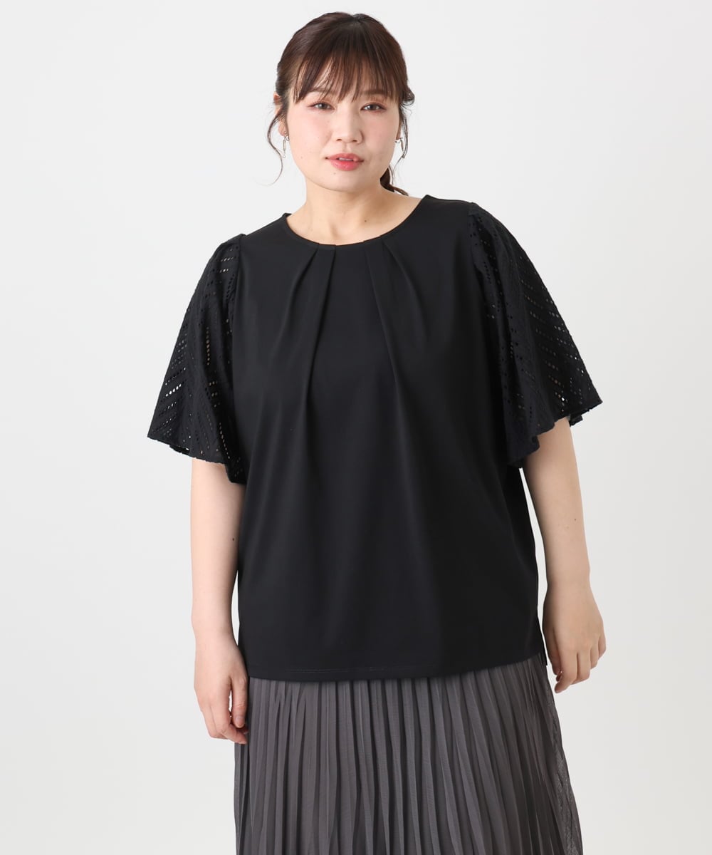 OLKHA25064 eur3(エウルキューブ) 【WEB先行販売】【大きいサイズ】リーフレーススリーブトップス ブラック(94)