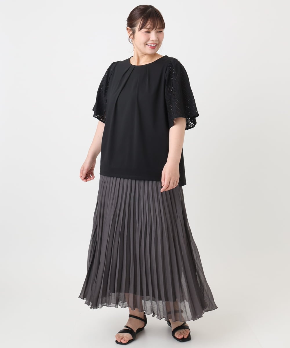 OLKHA25064 eur3(エウルキューブ) 【WEB先行販売】【大きいサイズ】リーフレーススリーブトップス ブラック(94)