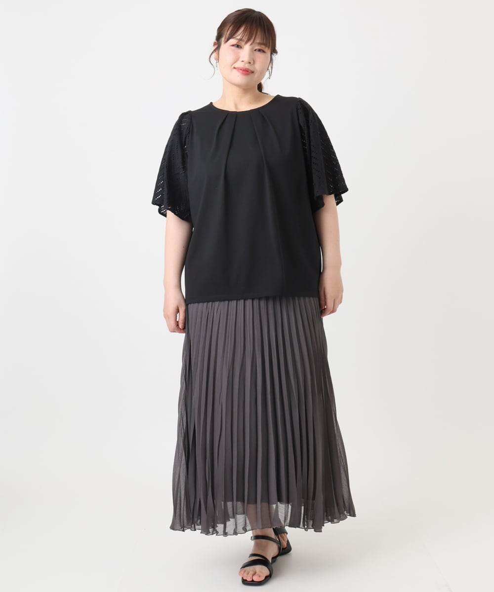OLKHA25064 eur3(エウルキューブ) 【WEB先行販売】【大きいサイズ】リーフレーススリーブトップス ブラック(94)
