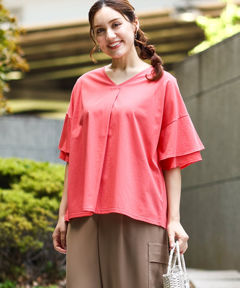 OLKHA30059 eur3(エウルキューブ) 【WEB先行販売】【大きいサイズ/接触冷感】Vネックシルケット天竺カットソー ピンク(03)