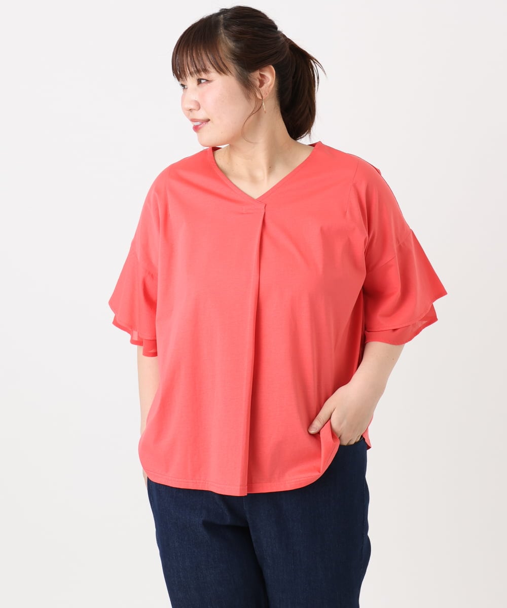 OLKHA30059 eur3(エウルキューブ) 【WEB先行販売】【大きいサイズ/接触冷感】Vネックシルケット天竺カットソー ピンク(03)