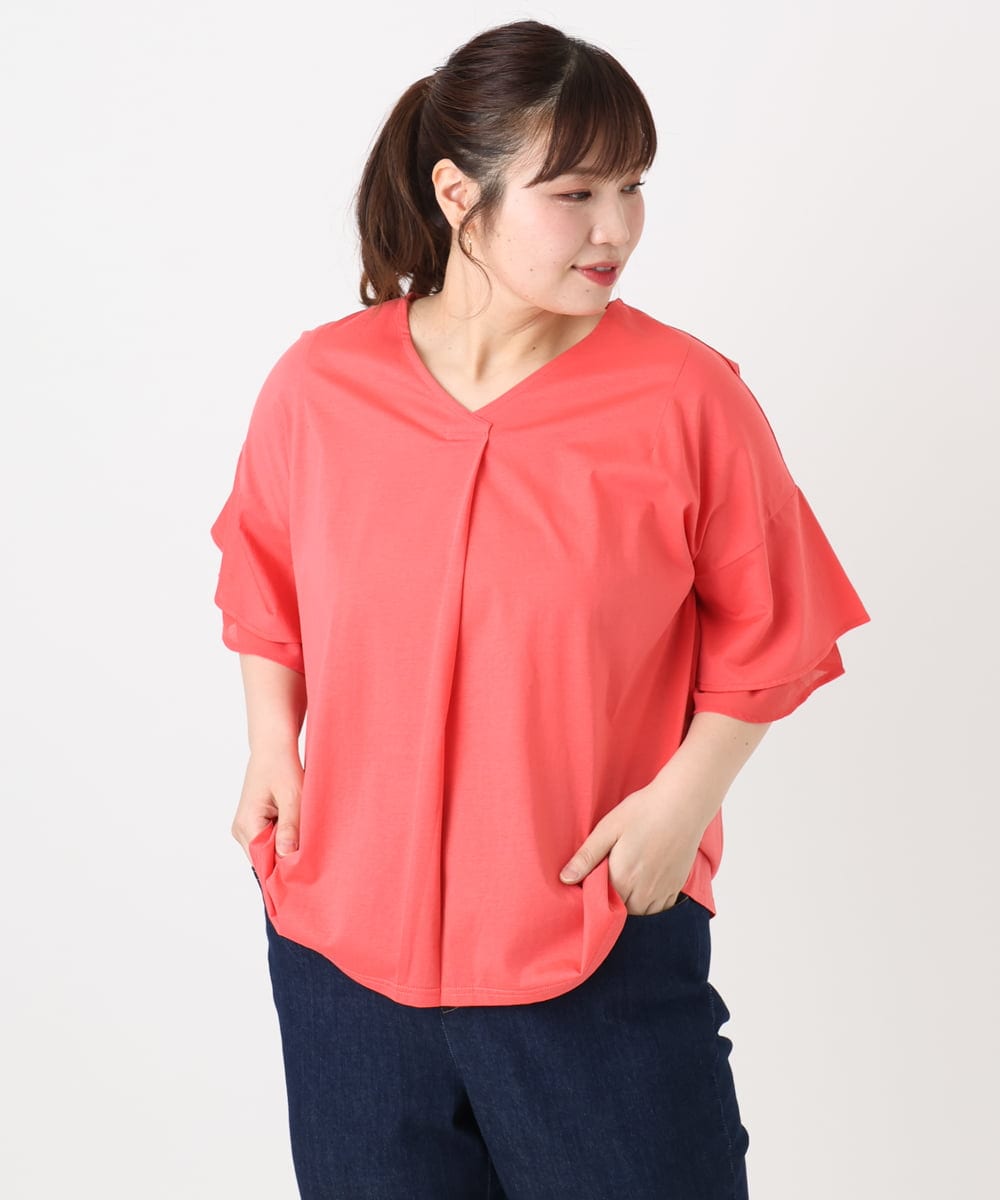 OLKHA30059 eur3(エウルキューブ) 【WEB先行販売】【大きいサイズ/接触冷感】Vネックシルケット天竺カットソー ピンク(03)