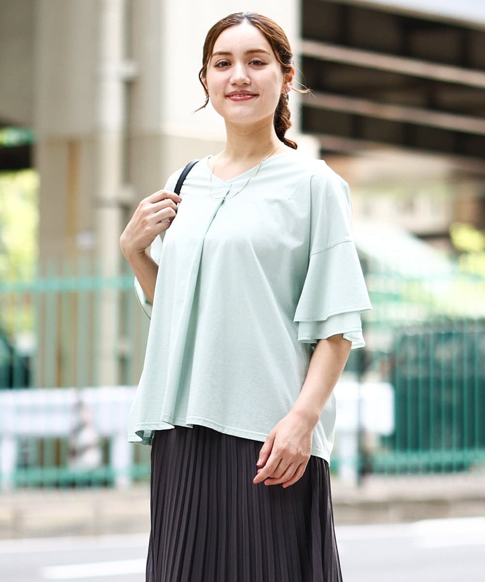 OLKHA30059 eur3(エウルキューブ) 【WEB先行販売】【大きいサイズ/接触冷感】Vネックシルケット天竺カットソー ライトグリーン(30)