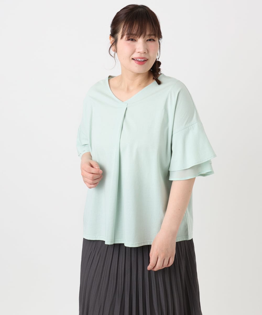 OLKHA30059 eur3(エウルキューブ) 【WEB先行販売】【大きいサイズ/接触冷感】Vネックシルケット天竺カットソー ライトグリーン(30)