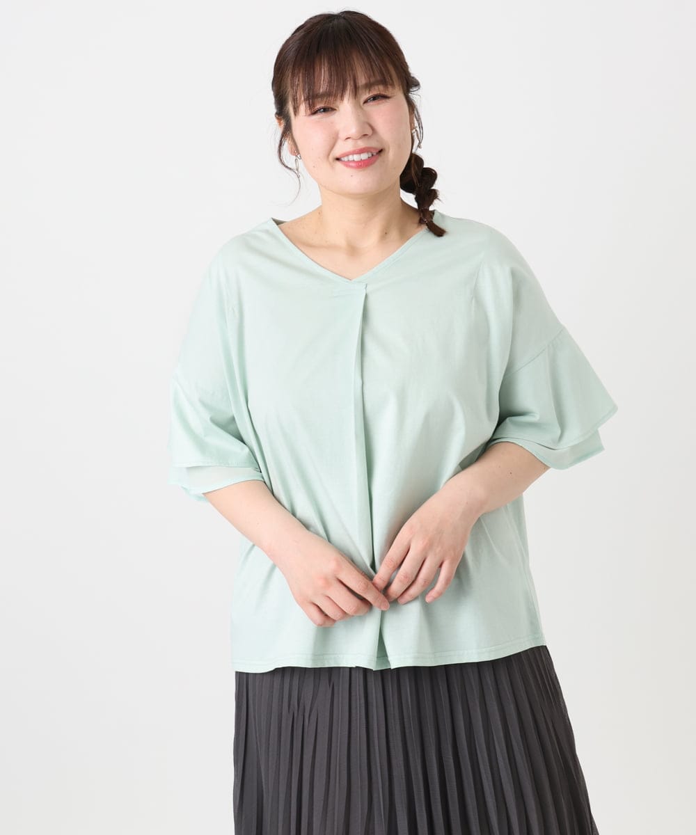 OLKHA30059 eur3(エウルキューブ) 【WEB先行販売】【大きいサイズ/接触冷感】Vネックシルケット天竺カットソー ライトグリーン(30)