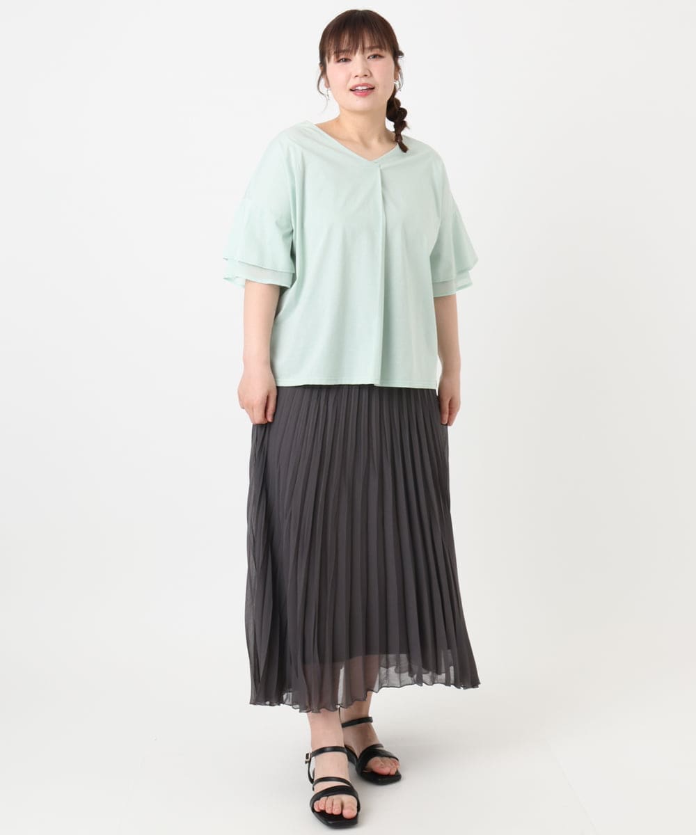 OLKHA30059 eur3(エウルキューブ) 【WEB先行販売】【大きいサイズ/接触冷感】Vネックシルケット天竺カットソー ライトグリーン(30)